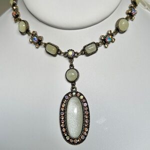 Opalescent Oval Cabochon Necklace with AB Rhinestones and Burnished Brass